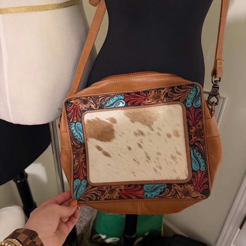 Myra Brown Leather Shoulder Bag with Paisley Accents